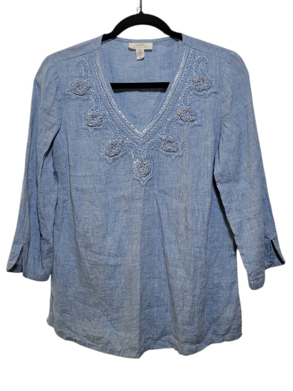 Charter Club Linen Tunic Blouse Top Blue Beaded V Neck Top Womens Petite Medium